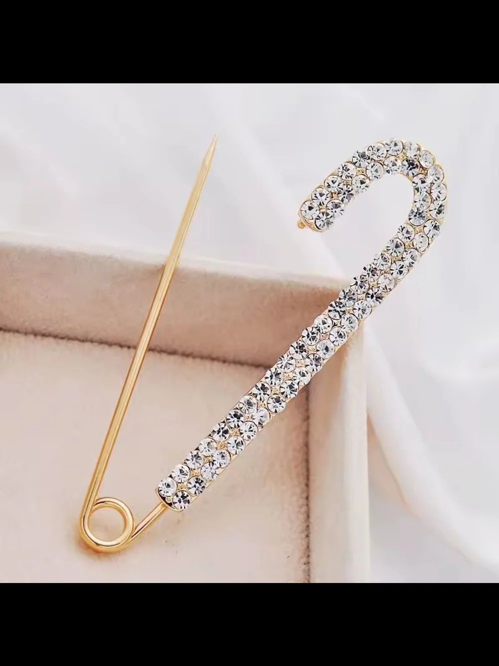 Gold-Tone Safety Pin Brooch with Clear Crystals